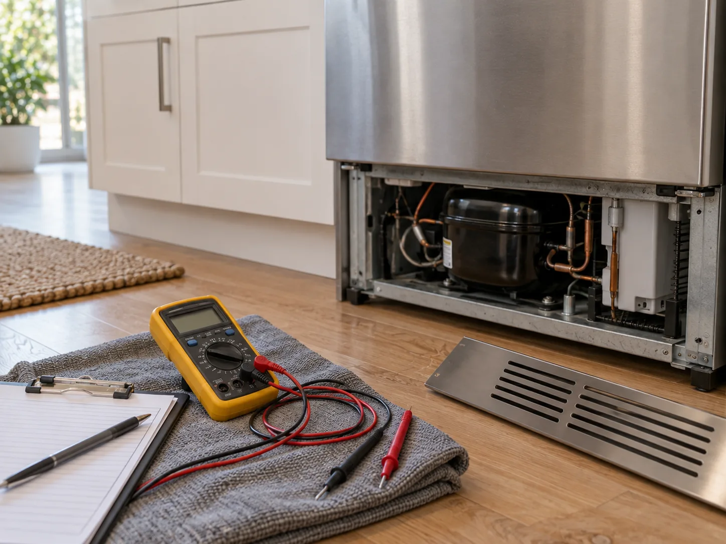 A digital multimeter and a clipboard on a folded work cloth on a kitchen floor, beside a refrigerator with its lower access panel removed and the compressor exposed.