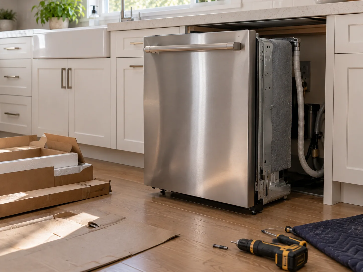 A new stainless steel dishwasher part way into its cabinet opening in a home kitchen, with flattened packaging and hand tools on the floor nearby.