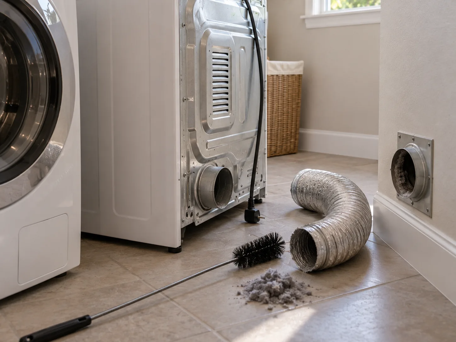 A clothes dryer pulled away from the laundry room wall with its vent hose detached on the floor, a long cleaning brush and a pile of lint beside it.