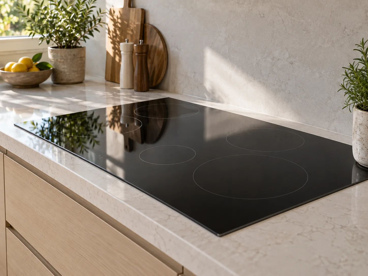 A black glass cooktop set flush into a pale stone worktop in a home kitchen, its cooking zones outlined on the smooth surface.