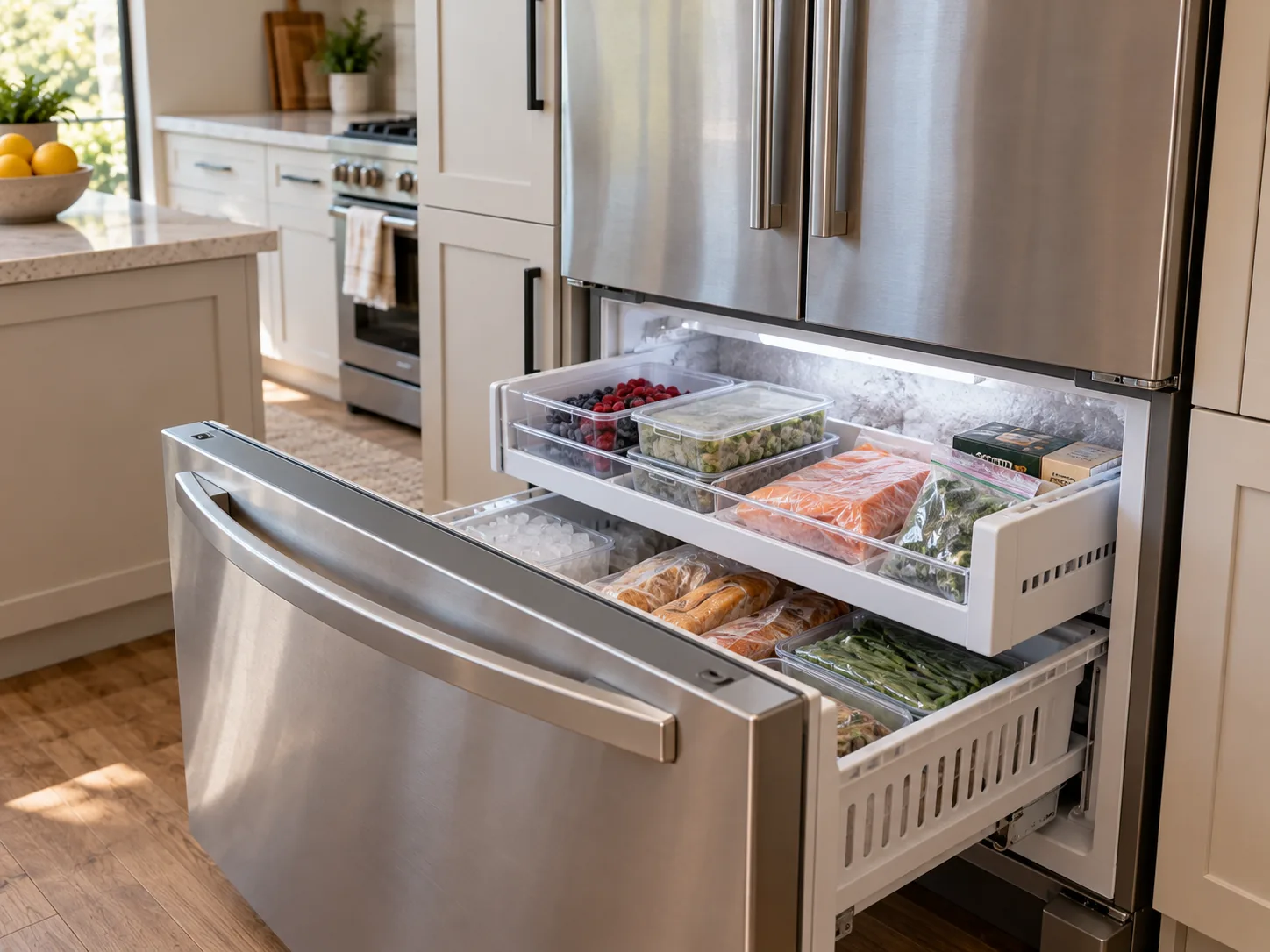 The bottom freezer drawer of a stainless steel refrigerator pulled open, showing stacked frozen food and frost on the back wall.
