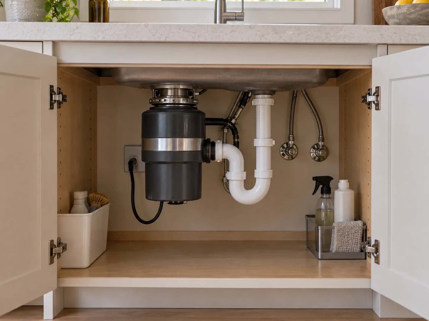 An open under-sink cabinet in a home kitchen, showing the garbage disposal unit beneath the sink and the white P-trap plumbing beside it.