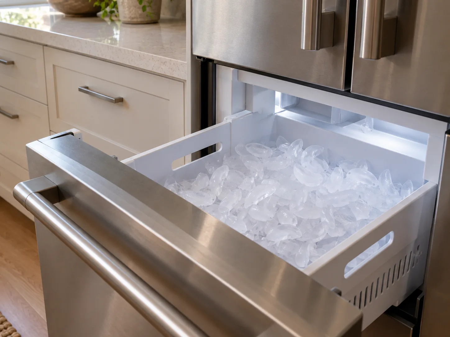 The ice maker drawer of a stainless steel refrigerator pulled open, its bin filled with clear ice cubes.