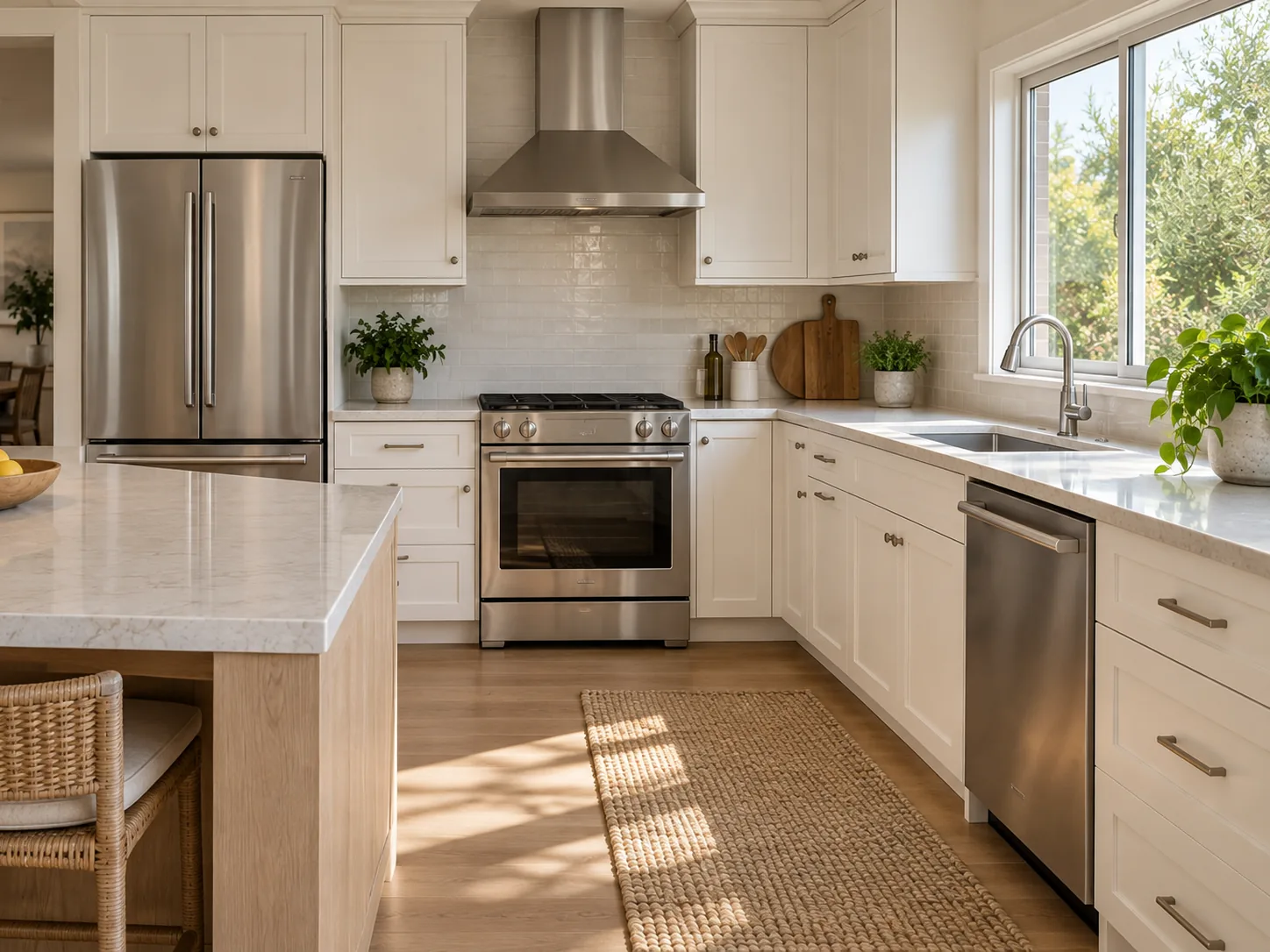 A bright home kitchen with a stainless steel refrigerator, range and dishwasher all in view and the worktops clear.