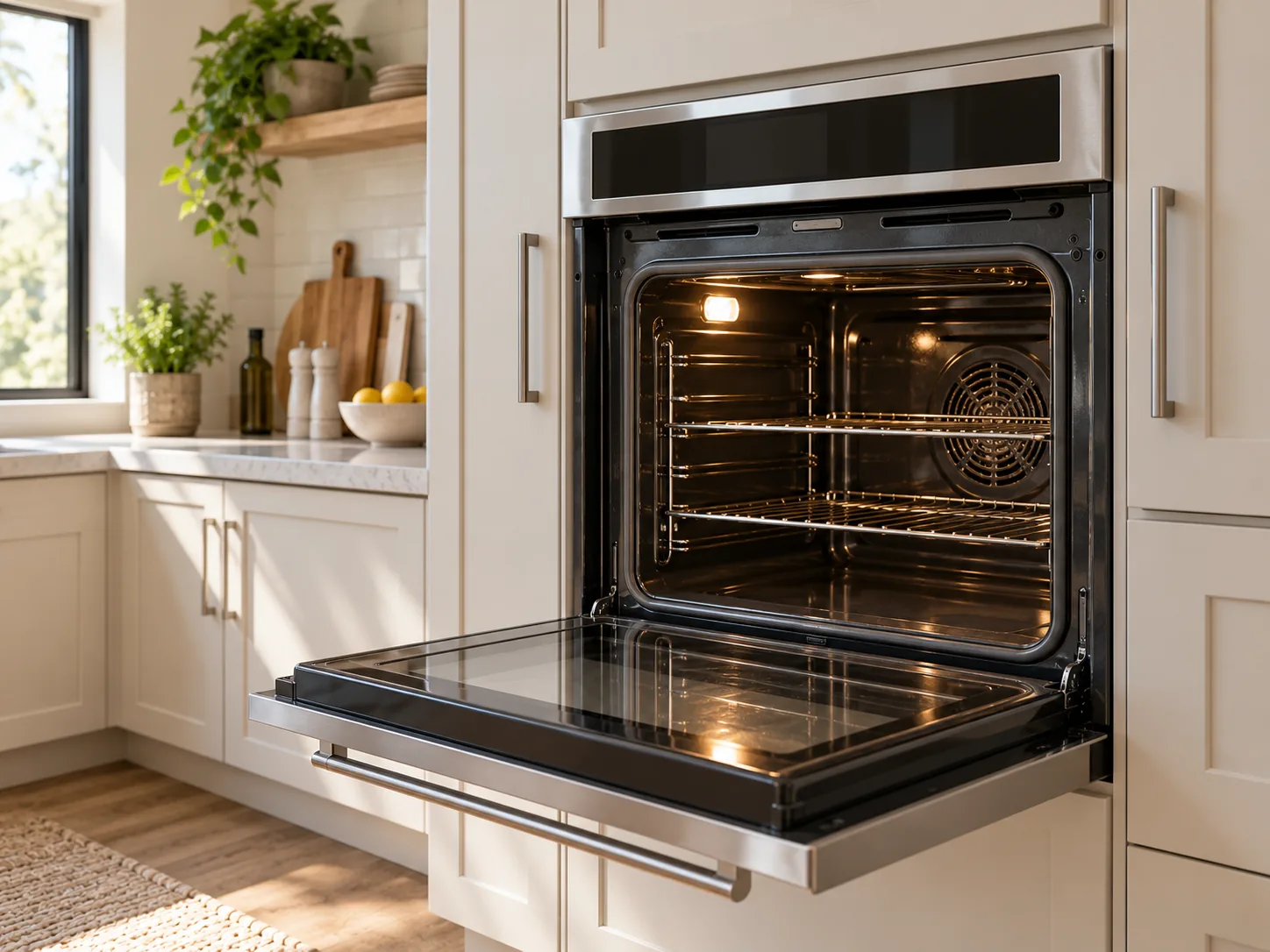 A stainless steel built-in wall oven set into pale cabinetry, its door open on empty racks with the interior light on.
