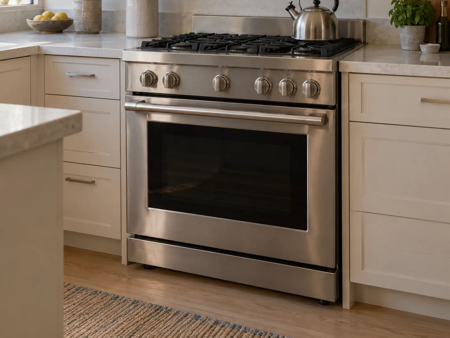 A stainless steel slide-in range in a home kitchen, a kettle on a back burner and the oven door closed below the cooktop.