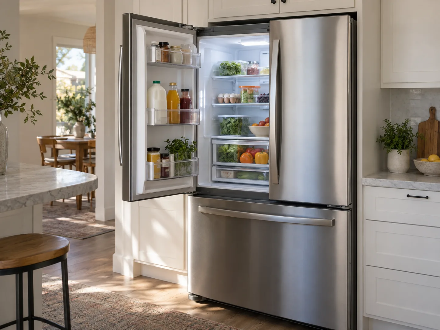A stainless steel French-door refrigerator in a home kitchen with one door open, showing lit, stocked shelves.