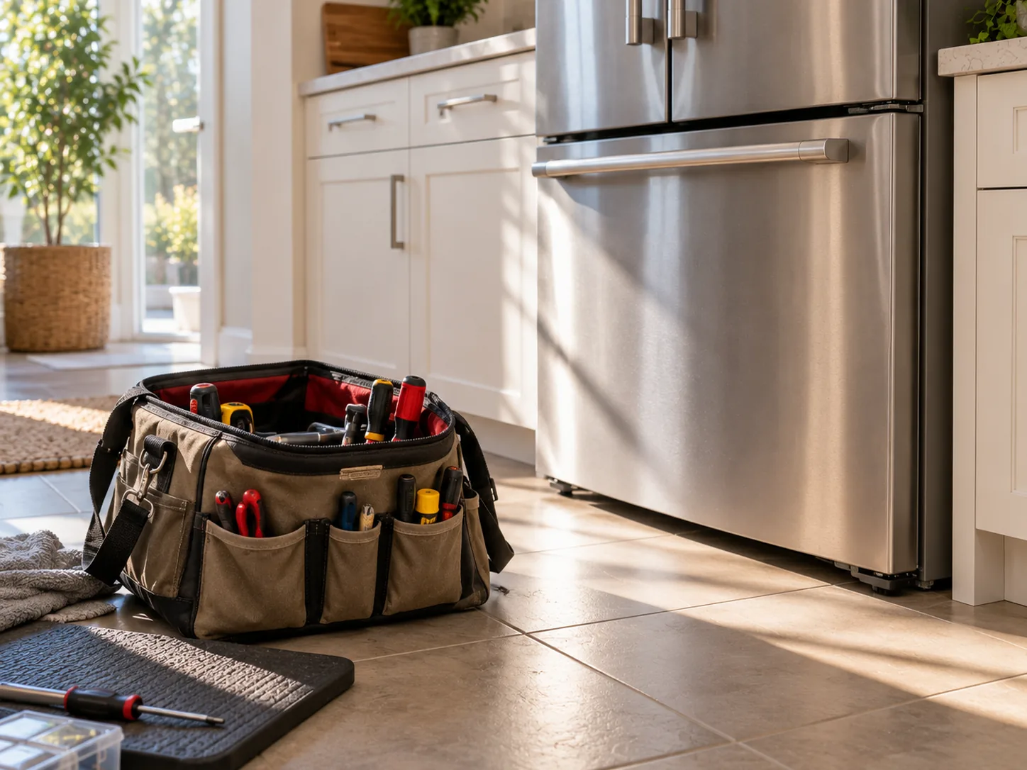 An open canvas tool bag on a kitchen floor beside a stainless steel refrigerator, morning light across the tiles.