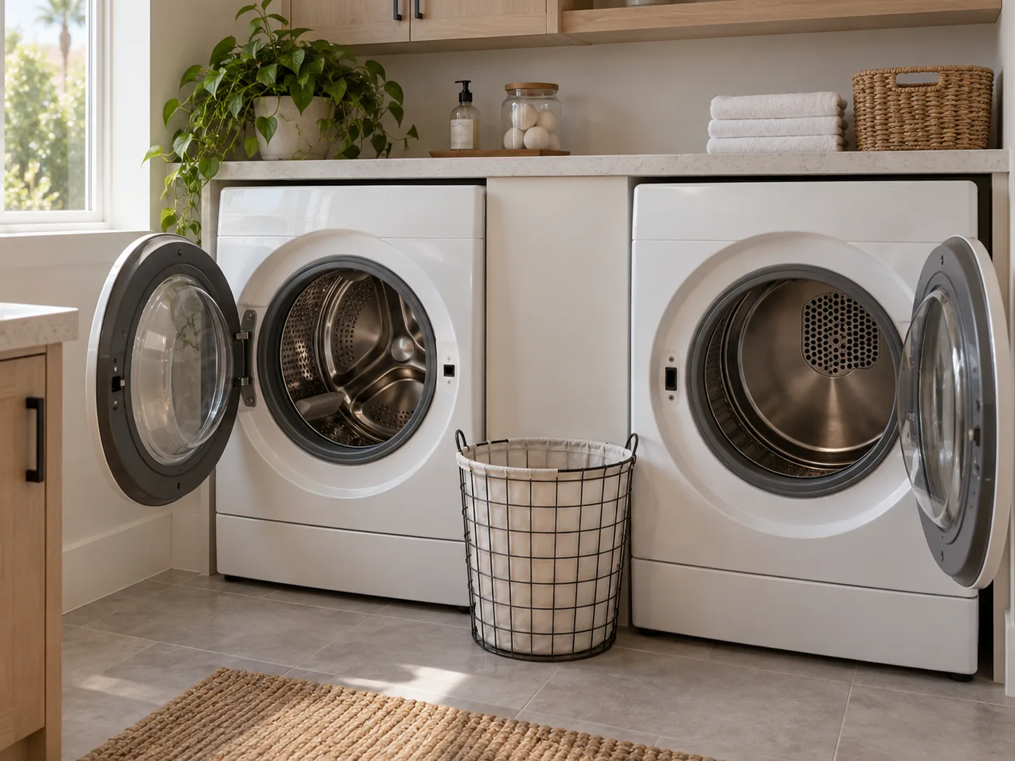 A matching white front-loading washer and dryer side by side in a home laundry room, both doors open on empty drums with a wire basket between them.