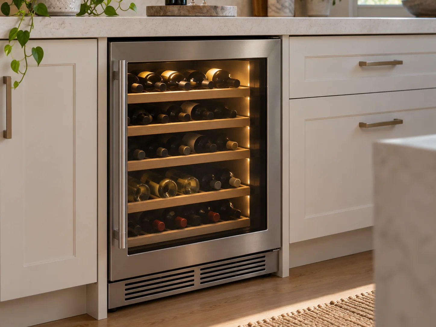 An under-counter wine cooler with a glass door built into kitchen cabinetry, bottles lying on wooden racks under soft interior light.